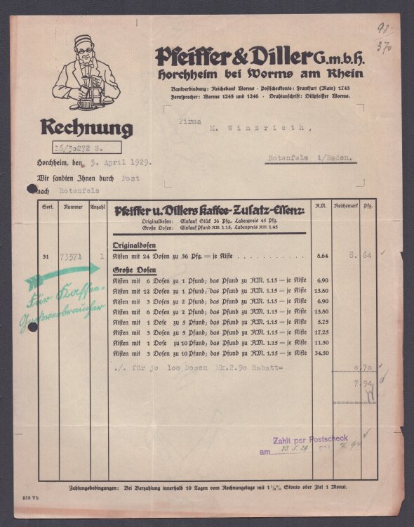 Pfeiffer u Diller GmbH - Rechnung - 05.04.1929