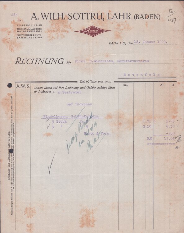 A Wilh. Sottru - Rechnung - 18.01.1929