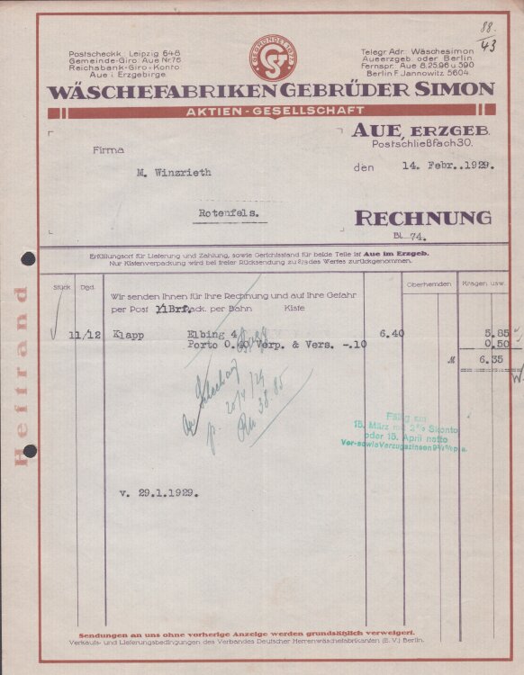 Wäschefabriken Gebrüder Simon - Rechnung - 14.02.1929