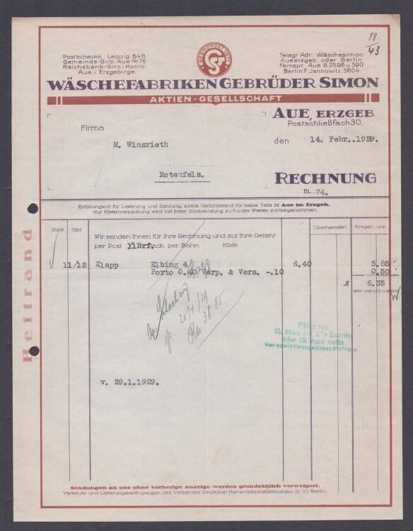 Wäschefabriken Gebrüder Simon - Rechnung - 14.02.1929