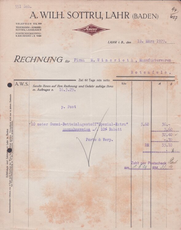 A Wilh. Sottru - Rechnung - 18.03.1929