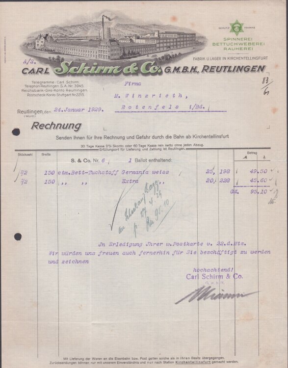 Carl Schirm u Co GmbH - Rechnung - 24.01.1929