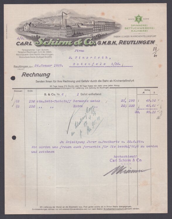 Carl Schirm u Co GmbH - Rechnung - 24.01.1929