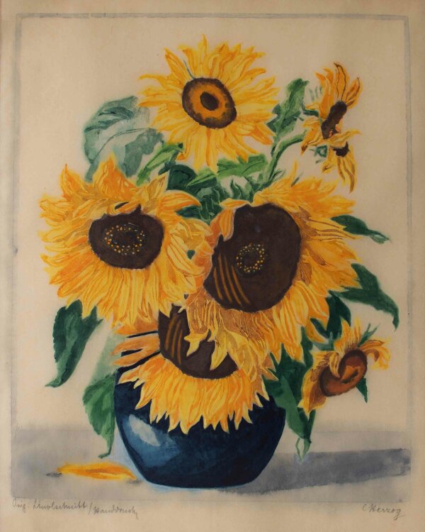 C. Herzog - Blumenstillleben mit Sonnenblumen - o.J. - Farblinolschnitt