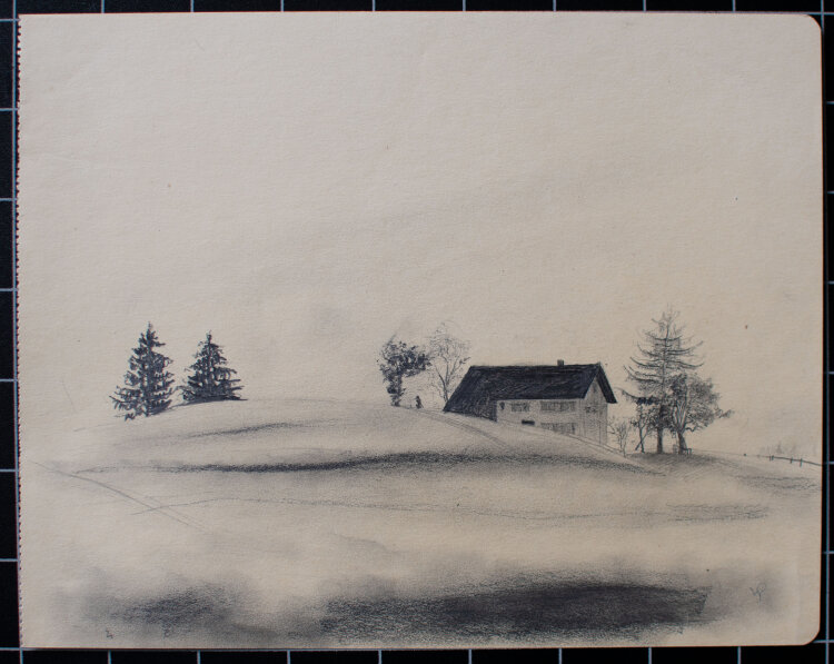 Willi Schmid - Hügellandschaft mit Haus - o.J. - Bleistift Zeichnung