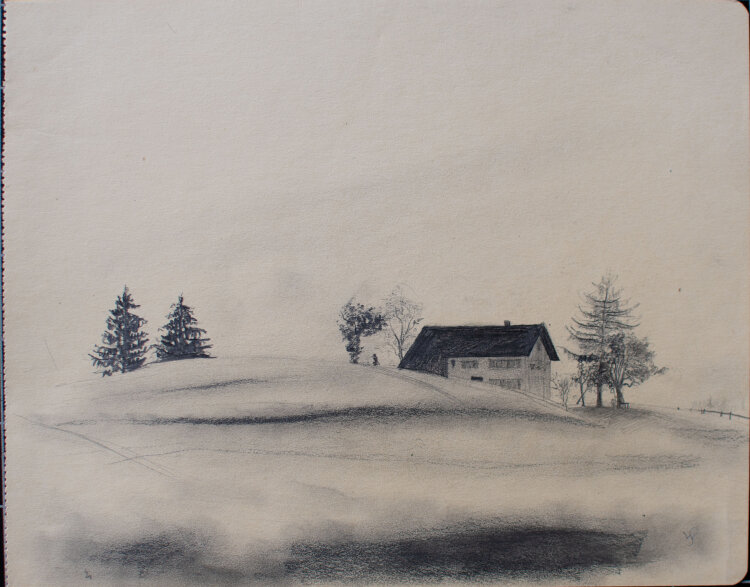 Willi Schmid - Hügellandschaft mit Haus - o.J. - Bleistift Zeichnung
