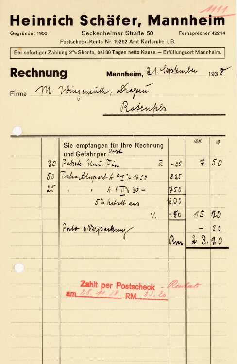 Heinrich Schäfer, Mannheim - Rechnung  - 21.09.1938