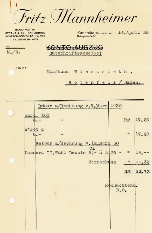 Fritz Mannheimer  - Rechnung - 14.04.1930