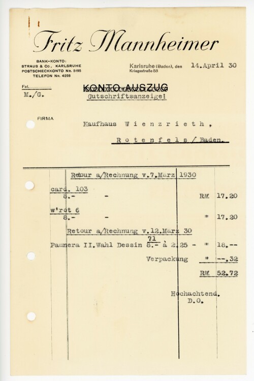 Fritz Mannheimer  - Rechnung - 14.04.1930