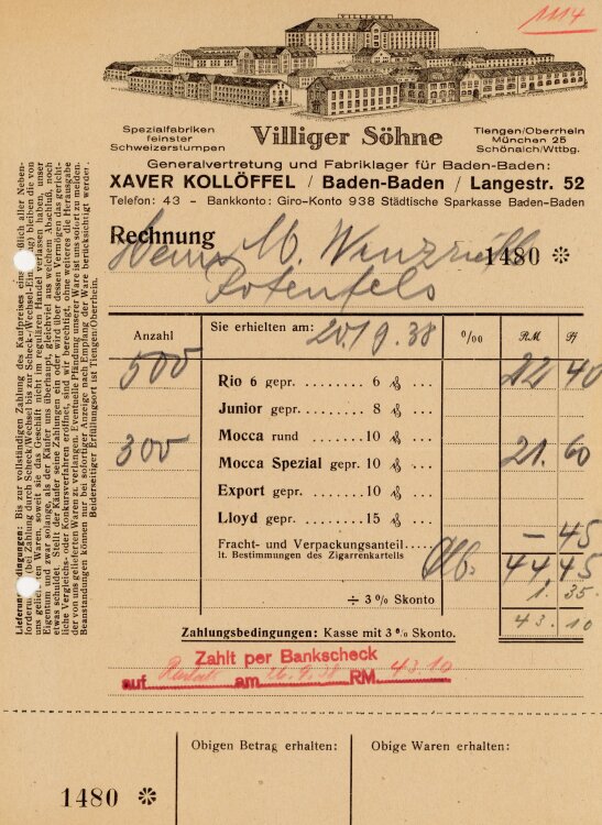 Villiger Söhne, Spezialfabriken feinster Schweizerstumpen. Xaver Kollöffel - Rechnung  - 20.09.1938