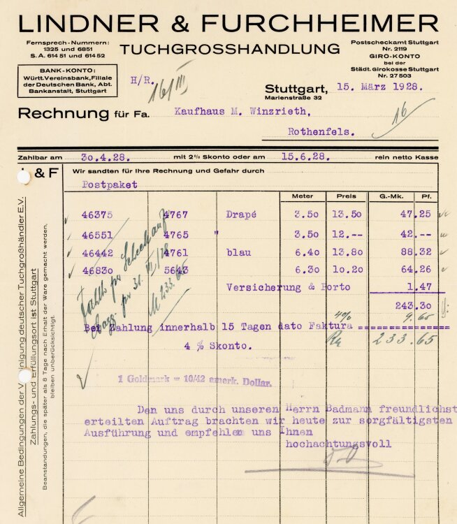 Lindner&Furchheimer Tuchgroßhandel - Rechnung  - 15.06.1928