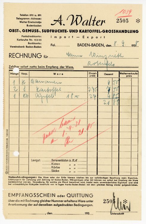 A.Walter Obst-, Gemüse-, Südfrüchte- und Kartoffel-Großhandlung. Import-Export  - Rechnung - 08.09.1938