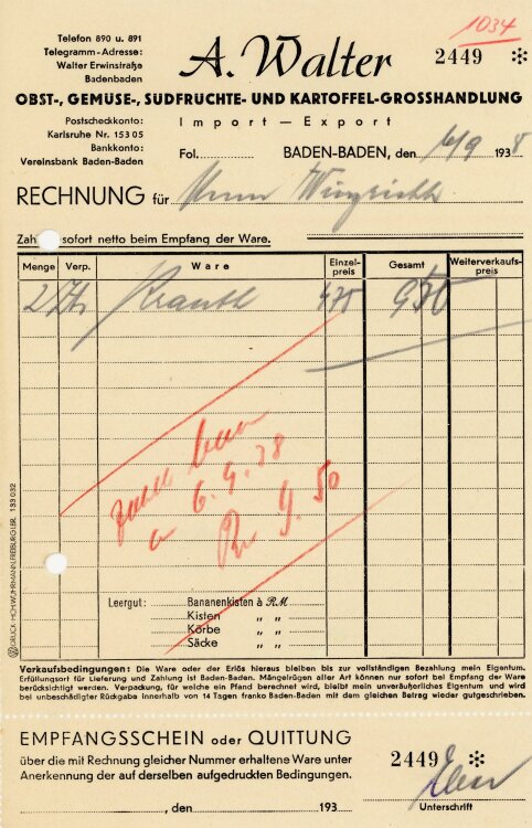 A.Walter Obst-, Gemüse-, Südfrüchte- und Kartoffel-Großhandlung. Import-Export  - Rechnung  - 06.09.1938