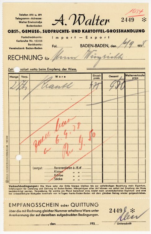 A.Walter Obst-, Gemüse-, Südfrüchte- und Kartoffel-Großhandlung. Import-Export  - Rechnung  - 06.09.1938