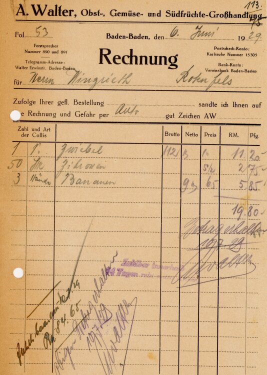 A.Walter Obst-, Gemüse- und Südfrüchte-Großhandlung.  - Rechnung  - 06.06.1929