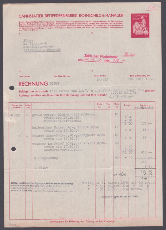 Cannstatter Bettfedernfabrik Rothschild & Hanauer - Rechnung - 18.7.1938