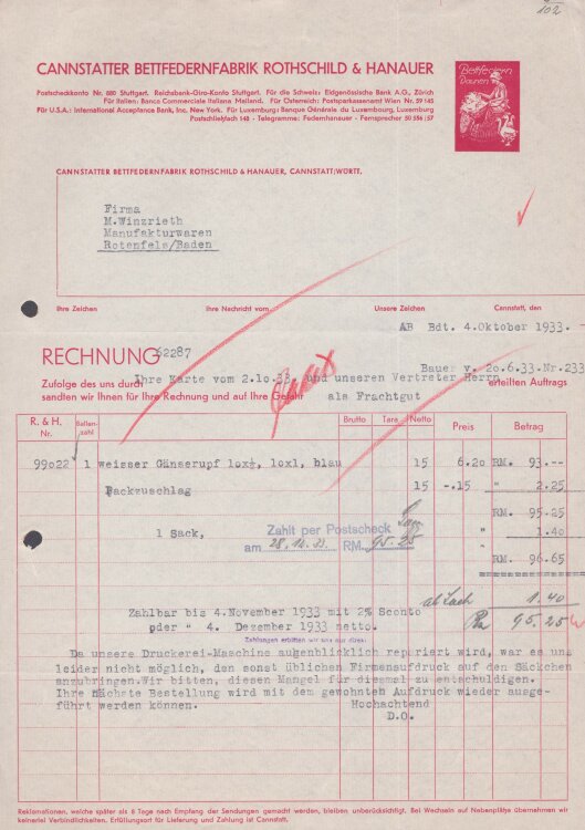 Cannstatter Bettfedernfabrik Rothschild & Hanauer - Rechnung - 4.10.1933