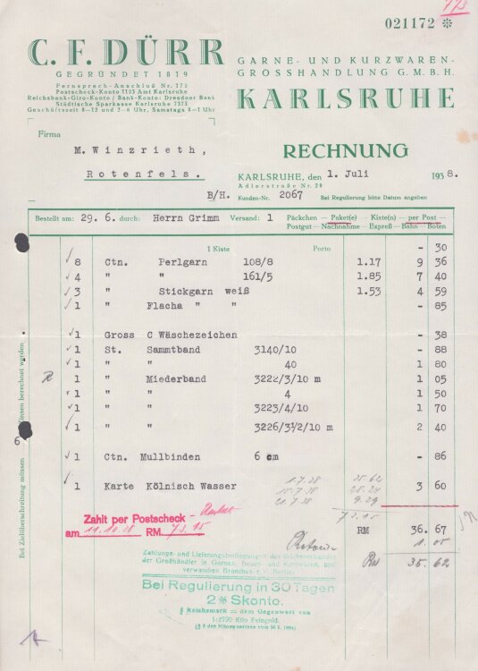 C. F. Dürr Garne- und Kurzwaren-Grosshandlung GmbH - Rechnung - 1.7.1938