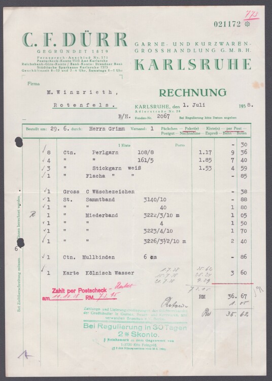 C. F. Dürr Garne- und Kurzwaren-Grosshandlung GmbH - Rechnung - 1.7.1938