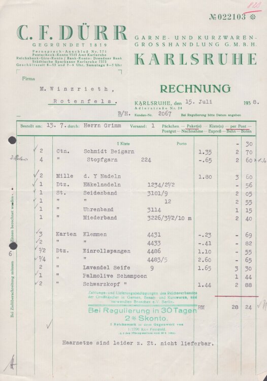 Druck- und Webwaren GmbH - Rechnung - 22.10.1930