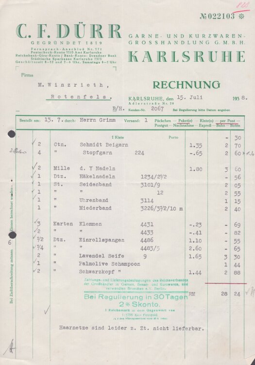 C. F. Dürr Garne- und Kurzwaren-Grosshandlung GmbH - Rechnung - 15.7.1938