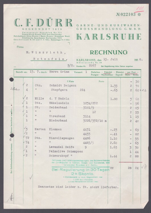 C. F. Dürr Garne- und Kurzwaren-Grosshandlung GmbH - Rechnung - 15.7.1938