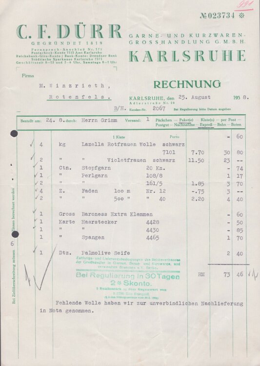 C. F. Dürr Garne- und Kurzwaren-Grosshandlung GmbH - Rechnung - 25.8.1938
