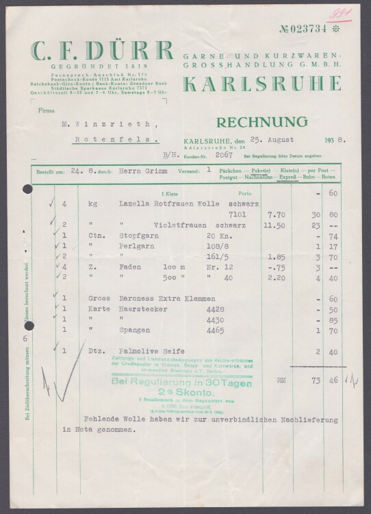 C. F. Dürr Garne- und Kurzwaren-Grosshandlung GmbH - Rechnung - 25.8.1938