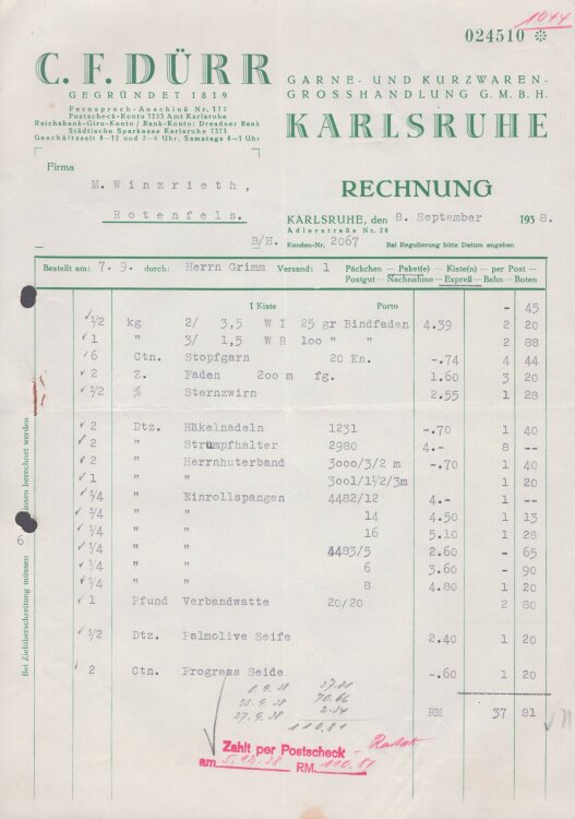 C. F. Dürr Garne- und Kurzwaren-Grosshandlung GmbH - Rechnung - 8.9.1938
