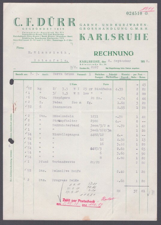 C. F. Dürr Garne- und Kurzwaren-Grosshandlung GmbH - Rechnung - 8.9.1938