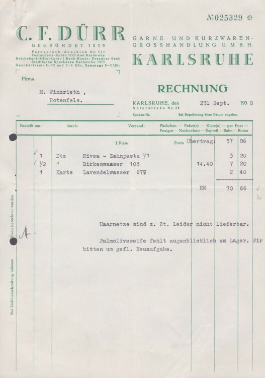 C. F. Dürr Garne- und Kurzwaren-Grosshandlung GmbH - Rechnung - 23.9.1938