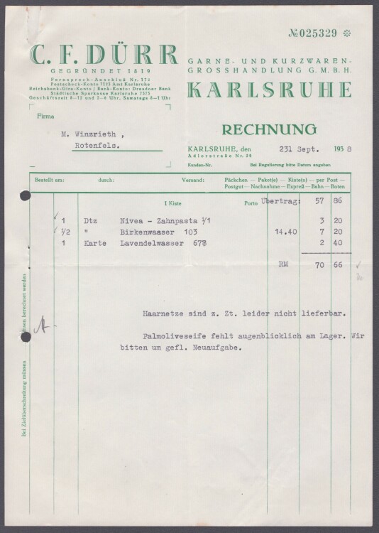 C. F. Dürr Garne- und Kurzwaren-Grosshandlung GmbH - Rechnung - 23.9.1938