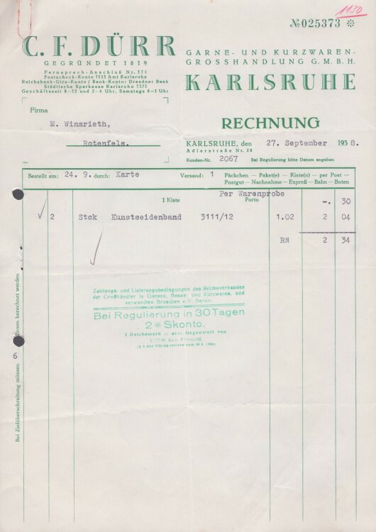 C. F. Dürr Garne- und Kurzwaren-Grosshandlung GmbH - Rechnung - 27.9.1938