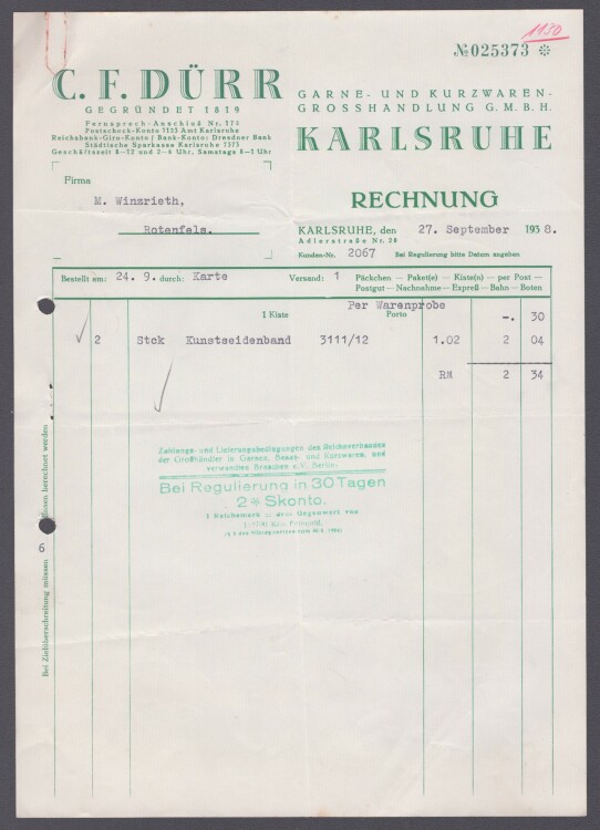 C. F. Dürr Garne- und Kurzwaren-Grosshandlung GmbH - Rechnung - 27.9.1938