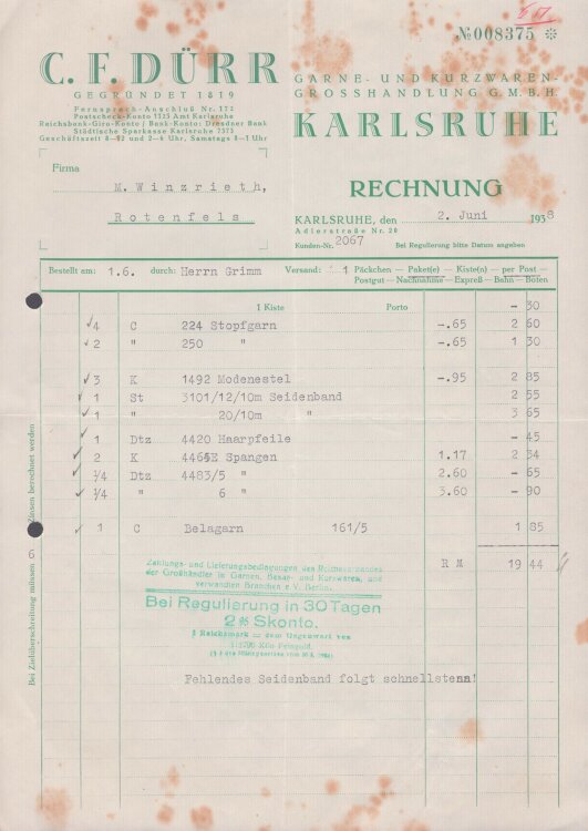 C. F. Dürr Garne- und Kurzwaren-Grosshandlung GmbH - Rechnung - 2.6.1938