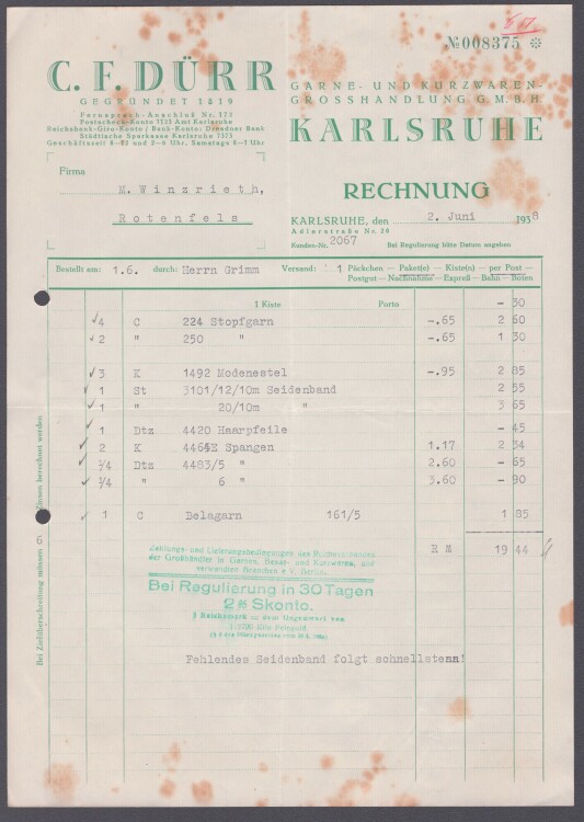 C. F. Dürr Garne- und Kurzwaren-Grosshandlung GmbH - Rechnung - 2.6.1938