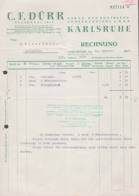 C. F. Dürr Garne- und Kurzwaren-Grosshandlung GmbH - Rechnung - 24.11.1938