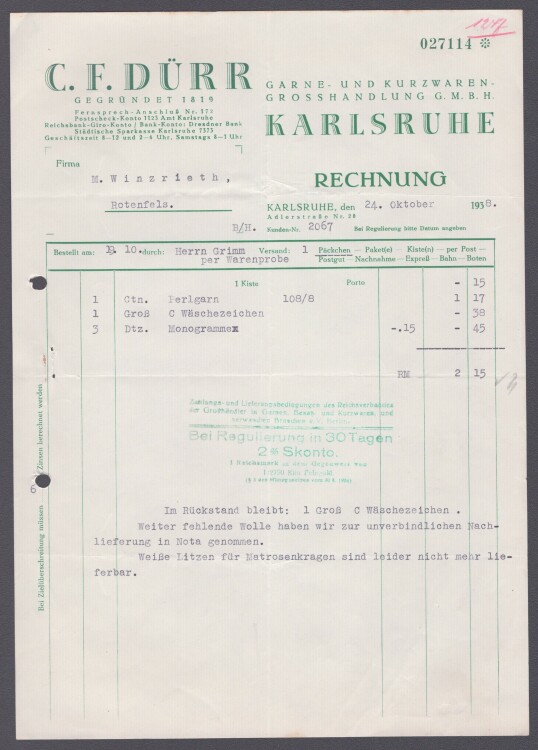 C. F. Dürr Garne- und Kurzwaren-Grosshandlung GmbH - Rechnung - 24.11.1938