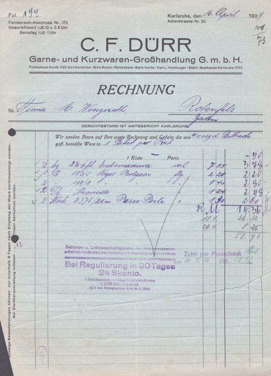 C. F. Dürr Garne- und Kurzwaren-Grosshandlung GmbH - Rechnung - 16.4.1929