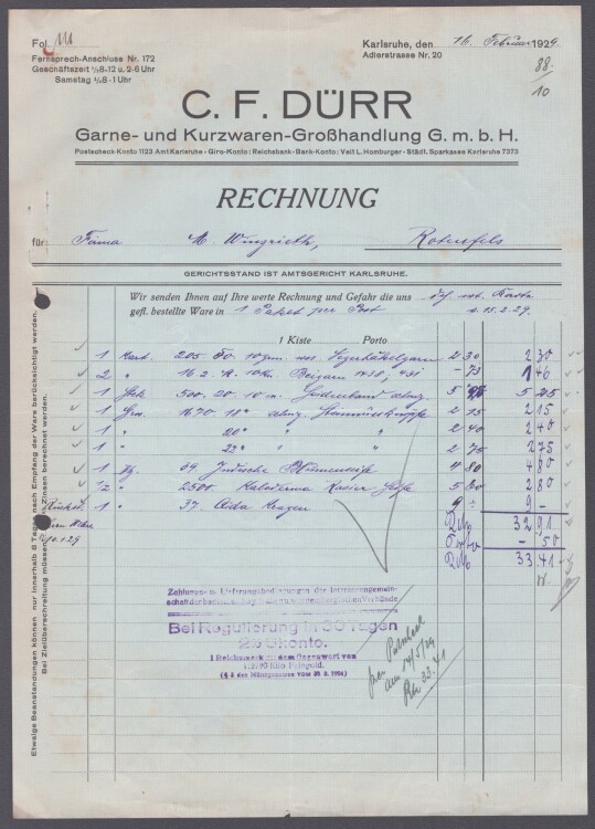 C. F. Dürr Garne- und Kurzwaren-Grosshandlung GmbH - Rechnung - 16.2.1929