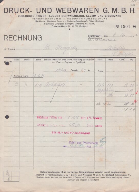 Druck- und Webwaren GmbH - Rechnung - 8.10.1930