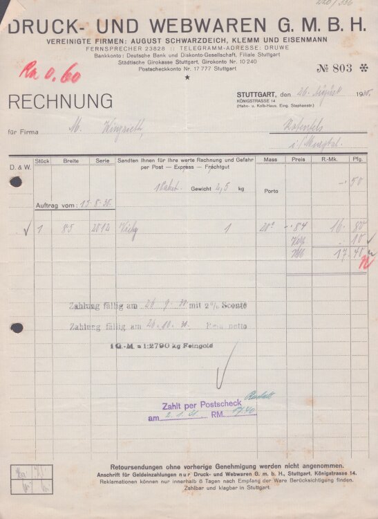 Druck- und Webwaren GmbH - Rechnung - 26.8.1930