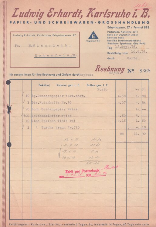 Ludwig Erhardt Papier- und Schreibwaren-Grosshandlung -...