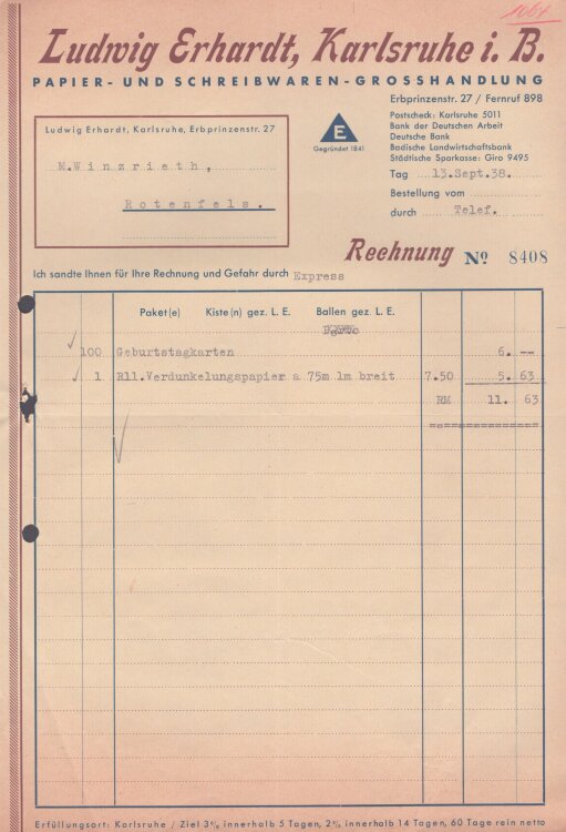 Ludwig Erhardt Papier- und Schreibwaren-Grosshandlung - Rechnung - 13.9.1938
