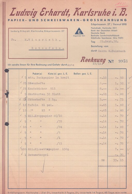 Ludwig Erhardt Papier- und Schreibwaren-Grosshandlung -...