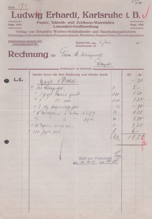 Ludwig Erhardt Papier- und Schreibwaren-Grosshandlung - Rechnung - 2.6.1938