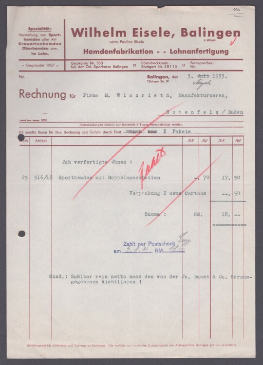 Wilhelm Eisle Hemdenfabrikation Balingen - Rechnung - 3.8.1933