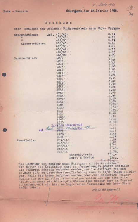 Eska Konzern - Rechnung - 28.2.1930