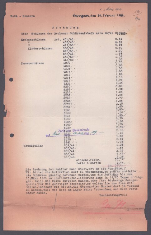 Eska Konzern - Rechnung - 28.2.1930