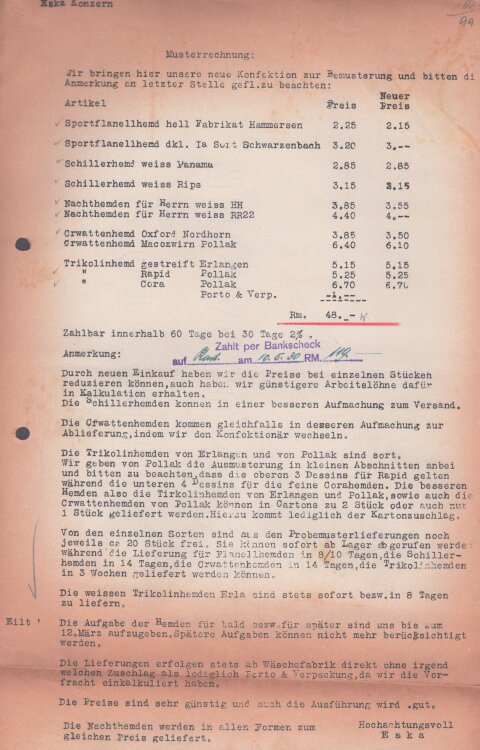 Eska Konzern - Rechnung - 5.3.1930